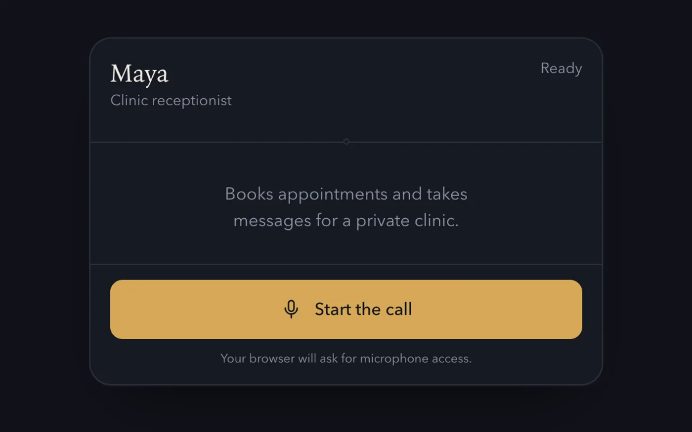 The Avenith Voice widget: the idle call panel for Maya, a live clinic receptionist agent.