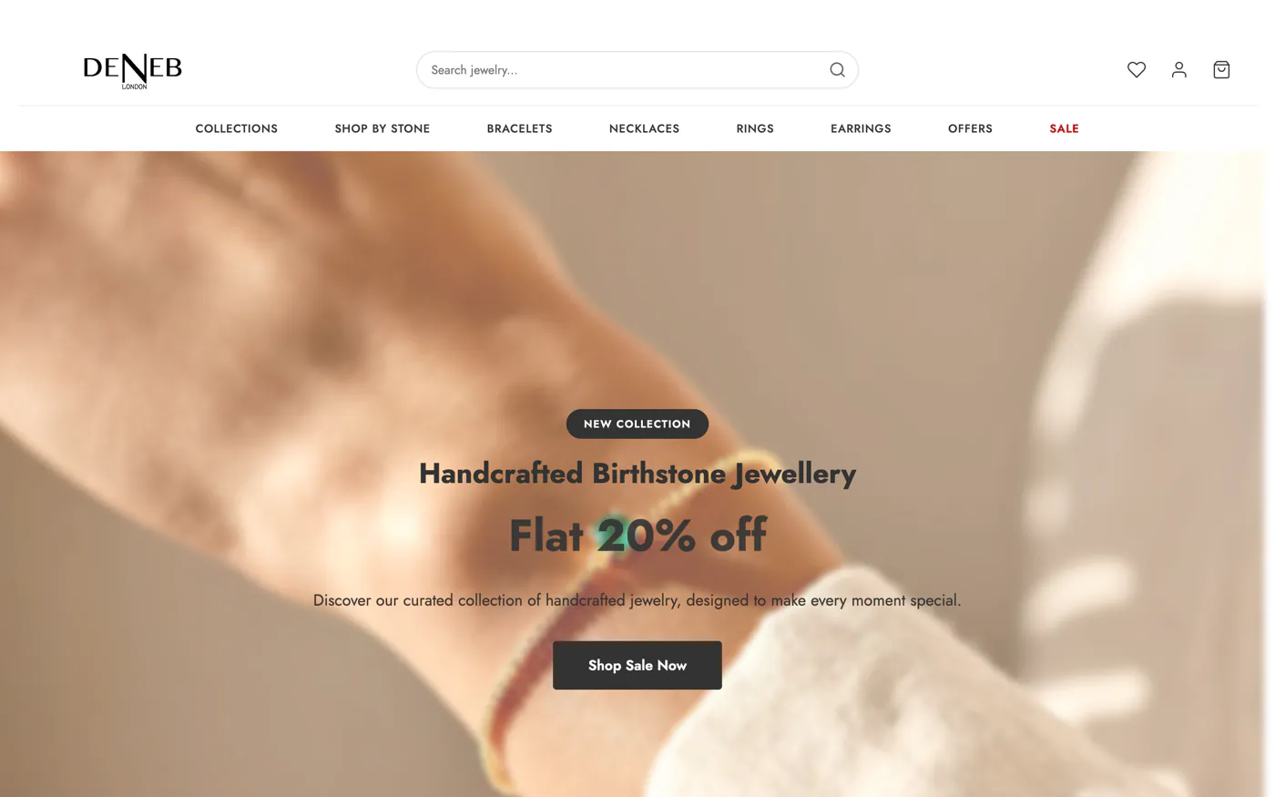 The Deneb London storefront: the shop's navigation over the current collection banner.