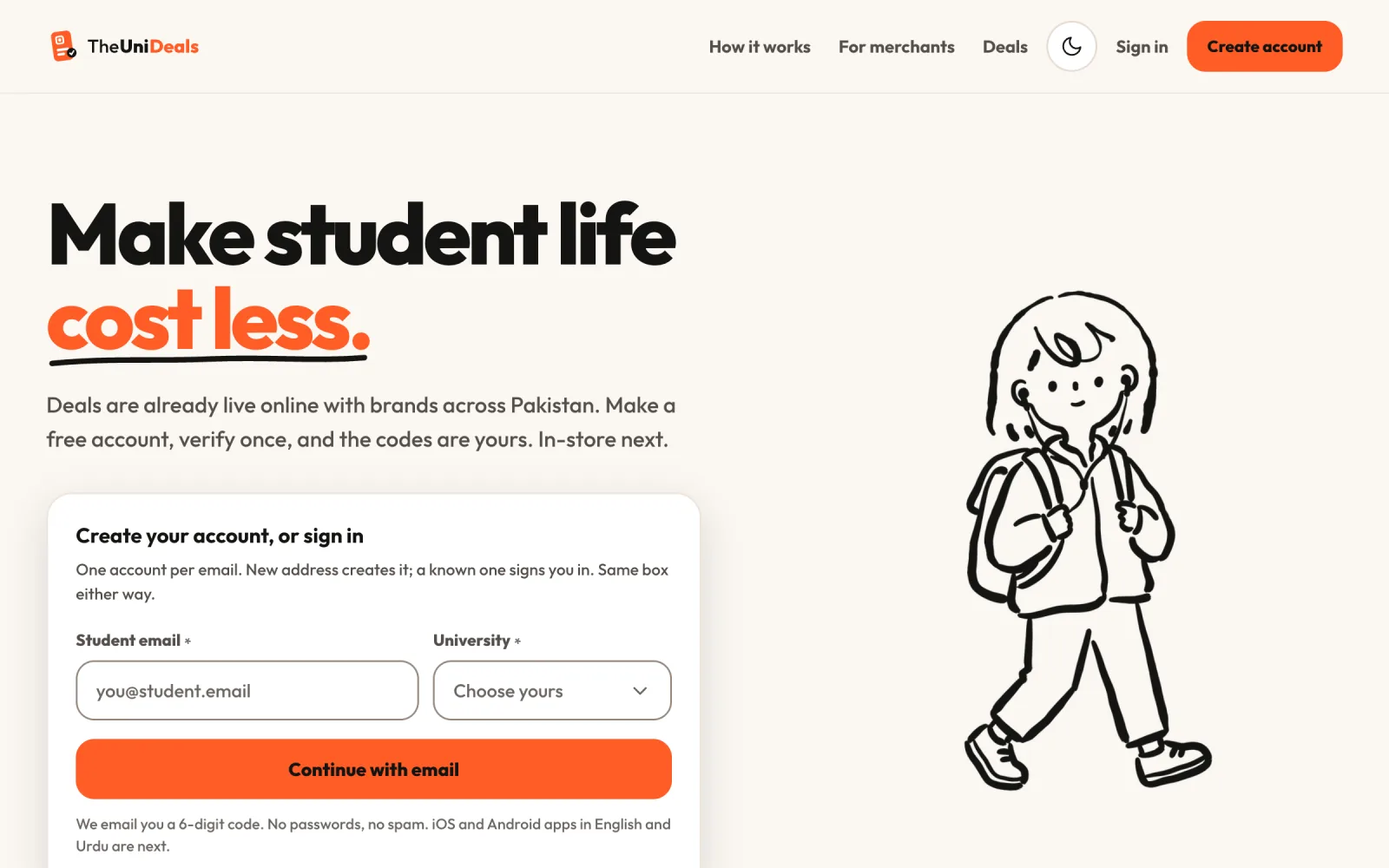 TheUniDeals homepage: student signup and the offers currently live.